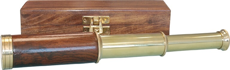 638 telescopio latón caja de madera 26 cm.