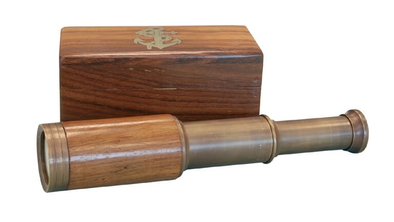 888 Telescopio latón/madera Caja de madera. 17 cm